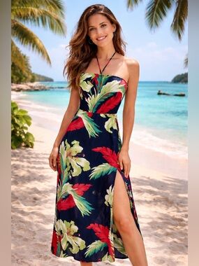 Calypso St Barth 100% Silk Midi Dress Floral Halter Neck Sz‎ Small Beach
